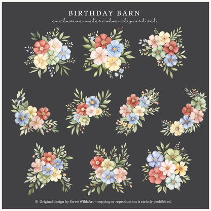 Birthday Barn - Floral Arrangements, Watercolor Flowers, Baby Shower Greenery | 22 PNG