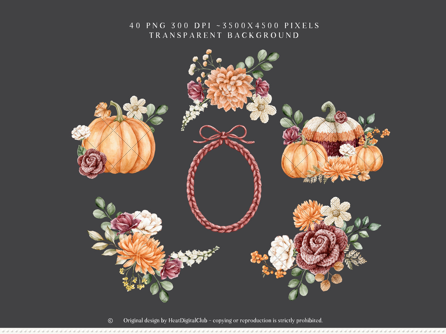 Knitted Fall - Floral Arrangements Clipart, Autumn Flowers, Burgundy Rose, Autumn Botanicals | 40 PNG