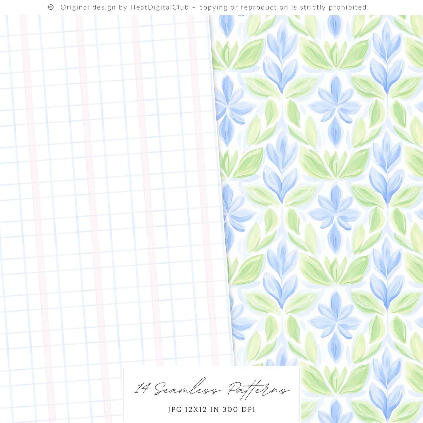 Grandmillennial - Seamless Patterns, Set 3, Pastel Floral, Stripes, Plaid, Glitter | 14 JPEG