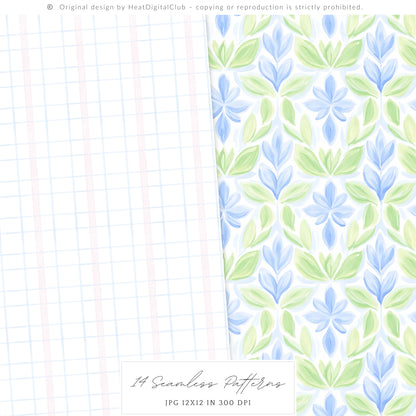 Grandmillennial - Seamless Patterns, Set 3, Pastel Floral, Stripes, Plaid, Glitter | 14 JPEG