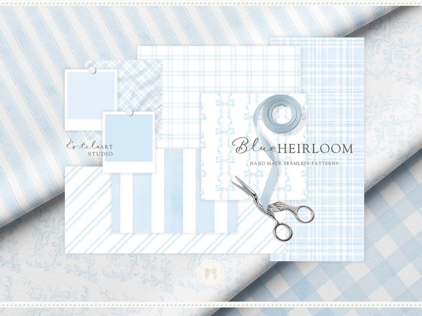 Blue Heirloom - Seamless Patterns, Classic Stripe Gingham Damask Bows, Elegant Digital Paper | 20 JPEG