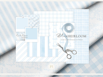 Blue Heirloom - Seamless Patterns, Classic Stripe Gingham Damask Bows, Elegant Digital Paper | 20 JPEG