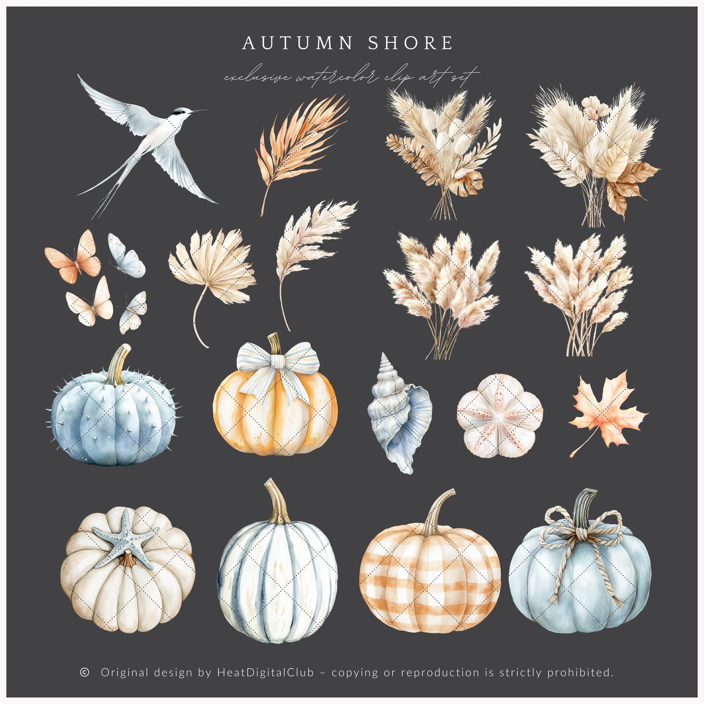 Autumn Shore - Floral Arrangements Clipart, Coastal, Hydrangea, Pumpkins | 25 PNG