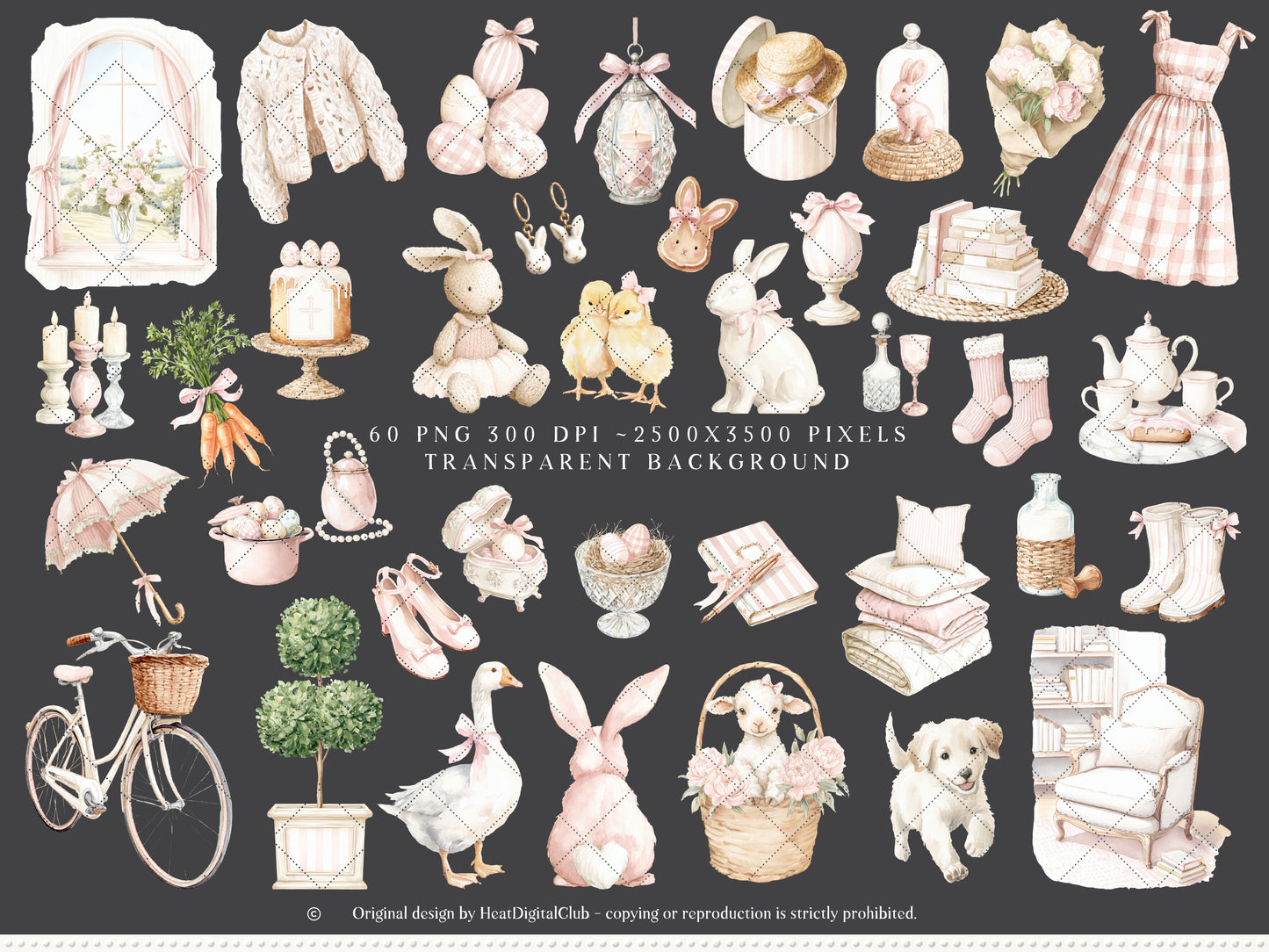 Easter Blush - Clipart, Elegant Easter, Pastel Pink Spring, Cottagecore, Bunny | 60 PNG