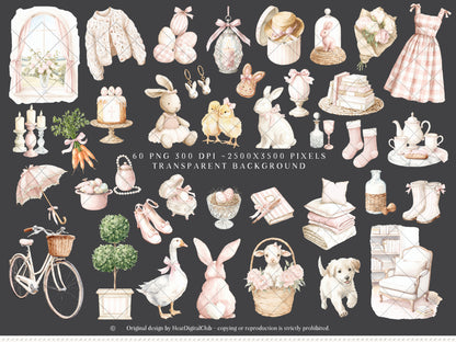 Easter Blush - Clipart, Elegant Easter, Pastel Pink Spring, Cottagecore, Bunny | 60 PNG