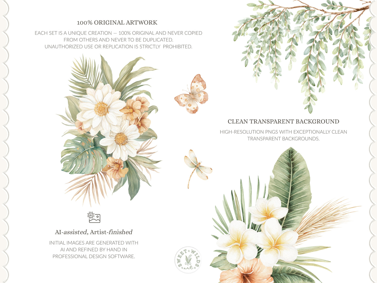 Safari Classics - Floral Arrangements Clipart, Tropical Flowers, Plumeria Hibiscus Leaves, Jungle | 24 PNG
