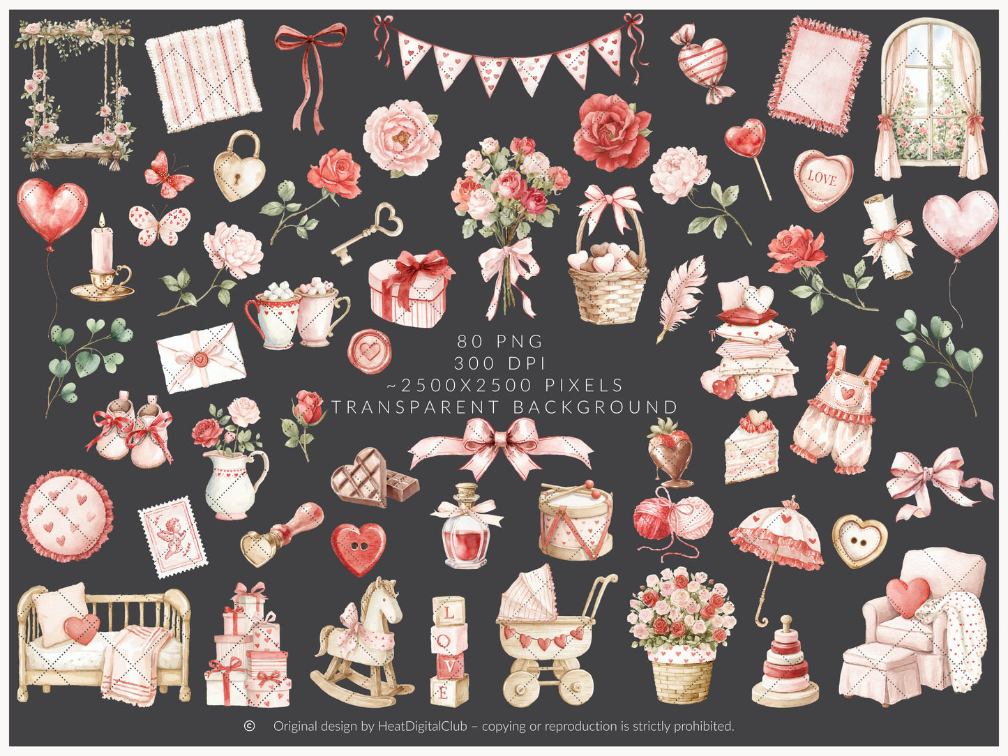 Romantic Atelier - Valentine’s Day Clipart, Cute Vintage Toys, Pink Red Nursery, Love Clipart | 90 PNG/JPEG