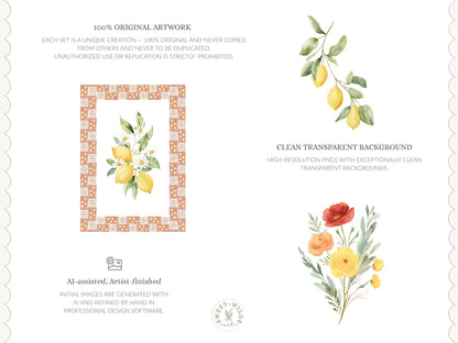 Dolce Classics - Italian Floral Arrangements Clipart, Lemon Flowers, Dolce Vita Florals, Summer Botanical | 24 PNG