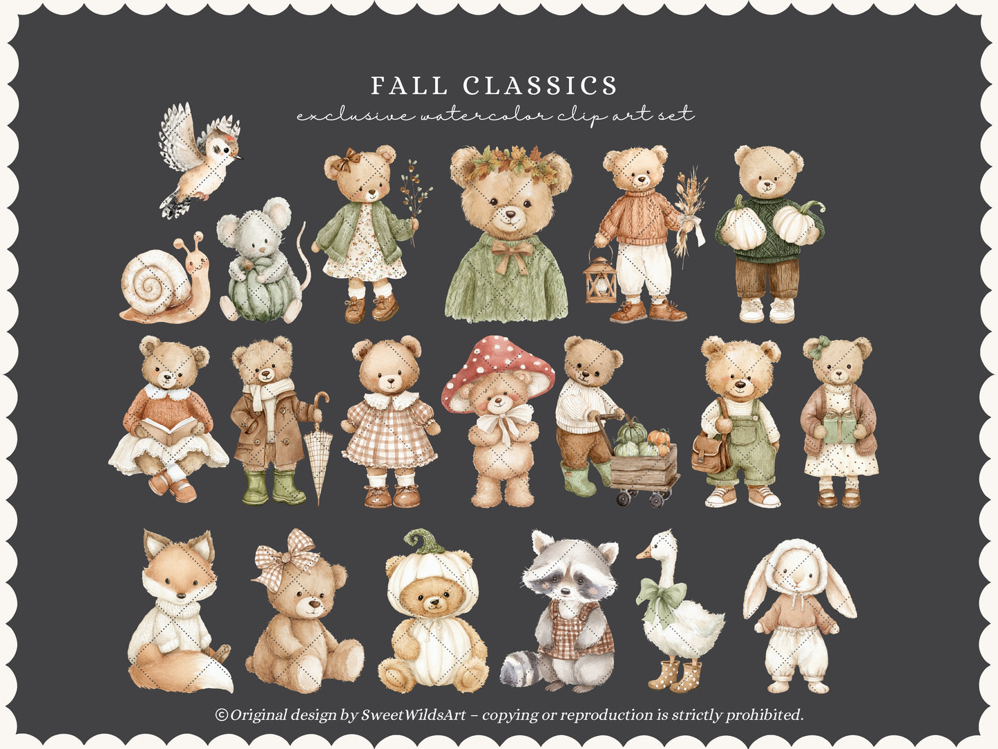 Fall Classics - Teddy Bears Clipart, Autumn Kids Animals, Goose, Fox, Pumpkins, Cozy Nursery | 60 PNG