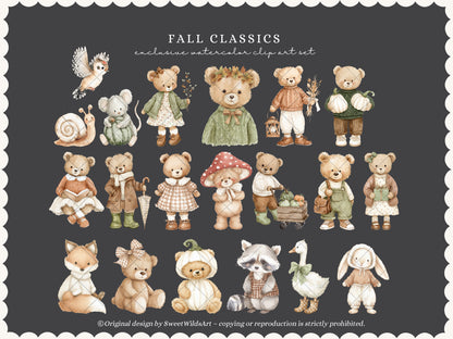 Fall Classics - Teddy Bears Clipart, Autumn Kids Animals, Goose, Fox, Pumpkins, Cozy Nursery | 60 PNG