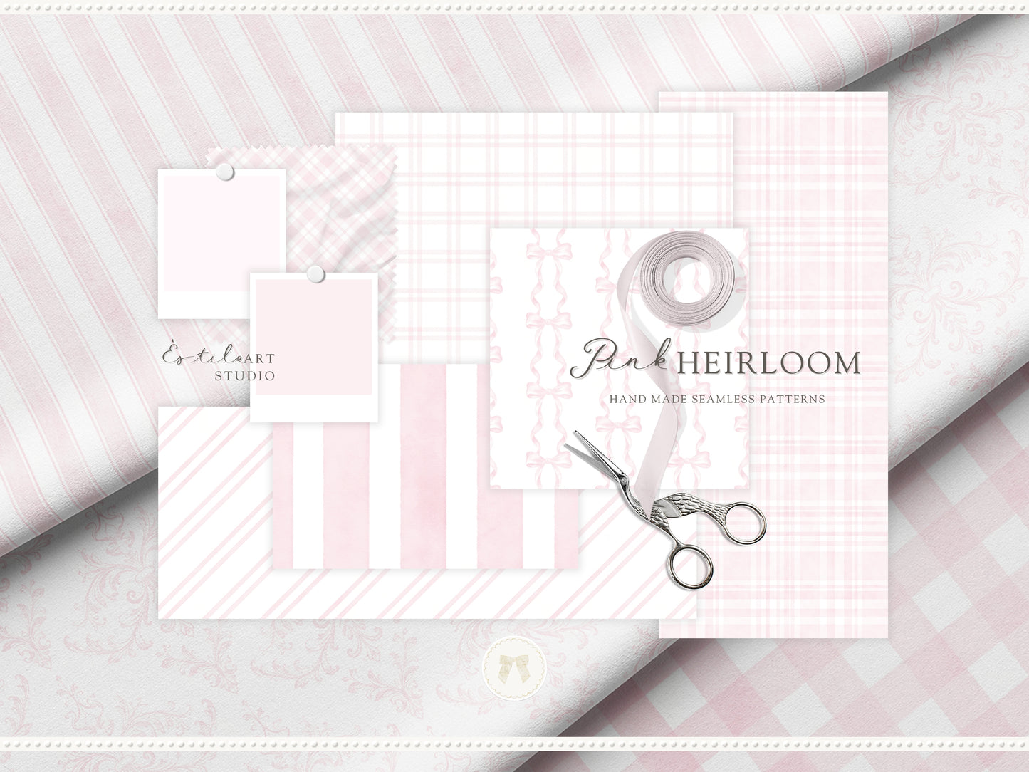 Pink Heirloom - Seamless Patterns, Classic Stripe Gingham Damask Bows Repeating, Elegant Pink Digital Paper | 20 JPEG