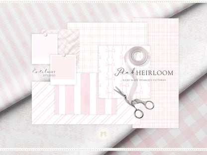 Pink Heirloom - Seamless Patterns, Classic Stripe Gingham Damask Bows Repeating, Elegant Pink Digital Paper | 20 JPEG