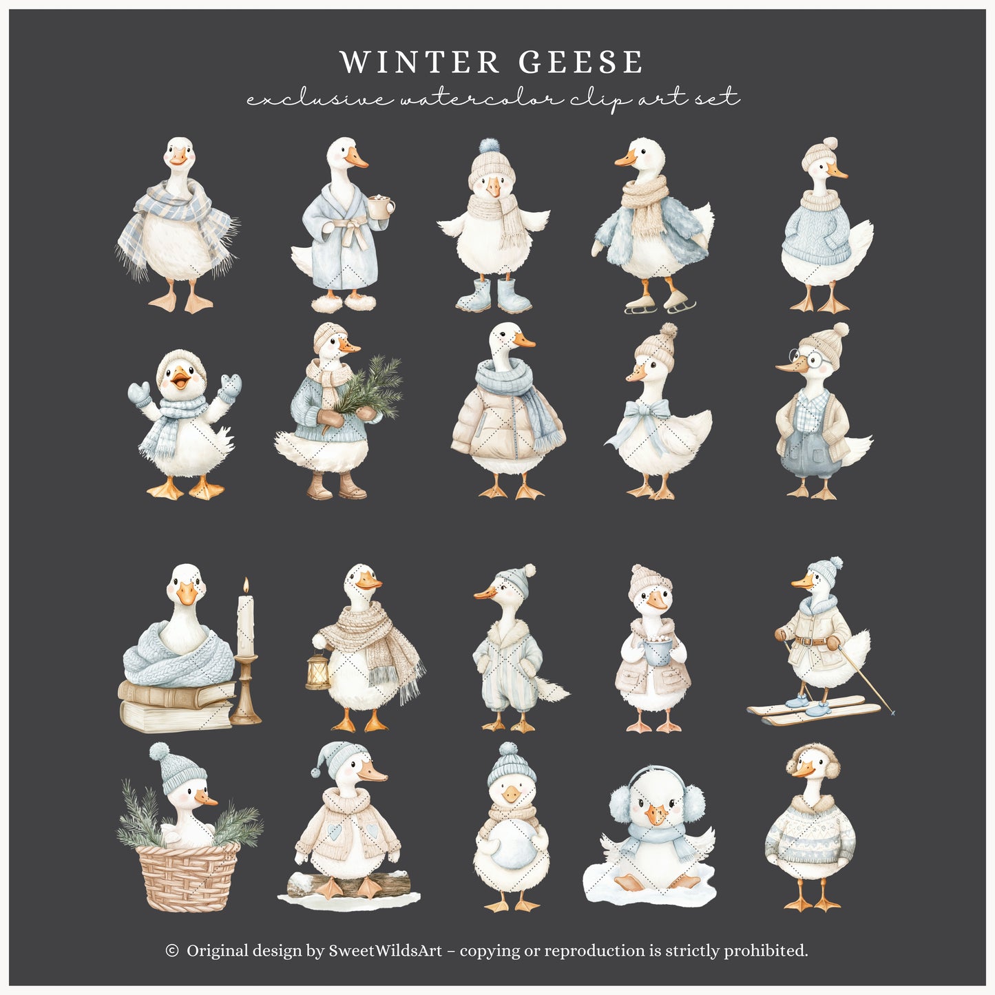 Winter Geese - Clipart, Cute Silly Goose, Cozy Animals, Baby Goose, Baby Shower | 60 PNG
