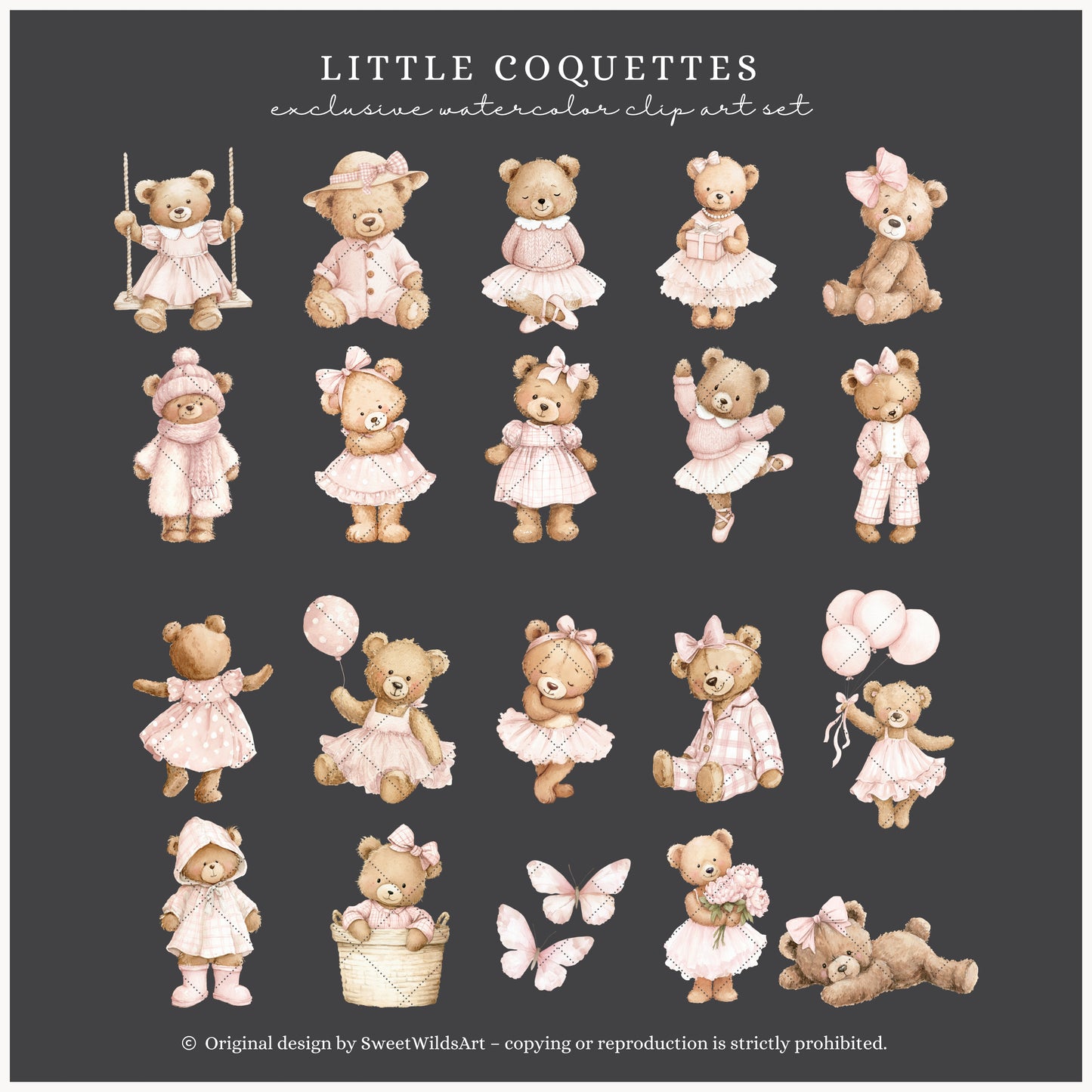 Little Coquettes - Teddy Bear Clipart Set, Pink Nursery, Ballet Bear, Grandmillennial | 60 PNG