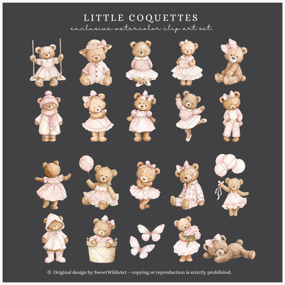 Little Coquettes - Teddy Bear Clipart Set, Pink Nursery, Ballet Bear, Grandmillennial | 60 PNG