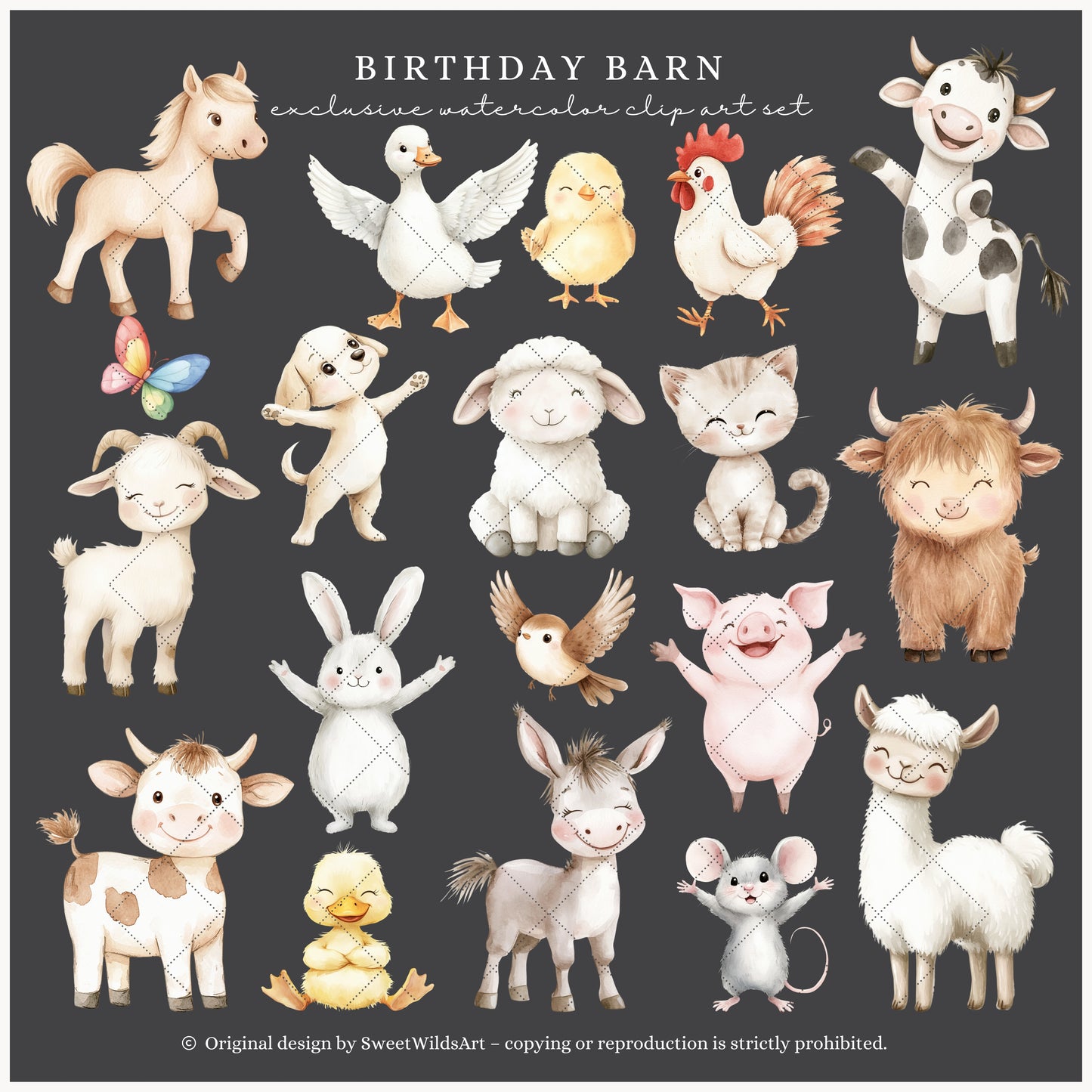 Birthday Barn - Farm Animal, Kids Party Clipart, Cow, Pig, Baby Shower | 73 PNG