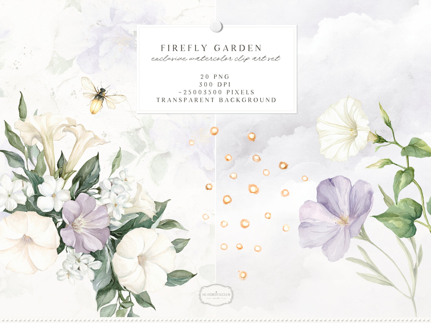 Firefly Garden - Floral Arrangements Clipart, Night Flowers, Lavender Botanical Bouquets, Moonflower | 20 PNG