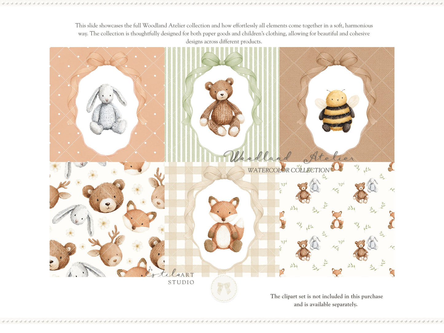 Woodland Atelier - Seamless Patterns, Forest Animals Nursery, Gingham Stripes Plaid, Woodland Fabric Design | 24 JPEG