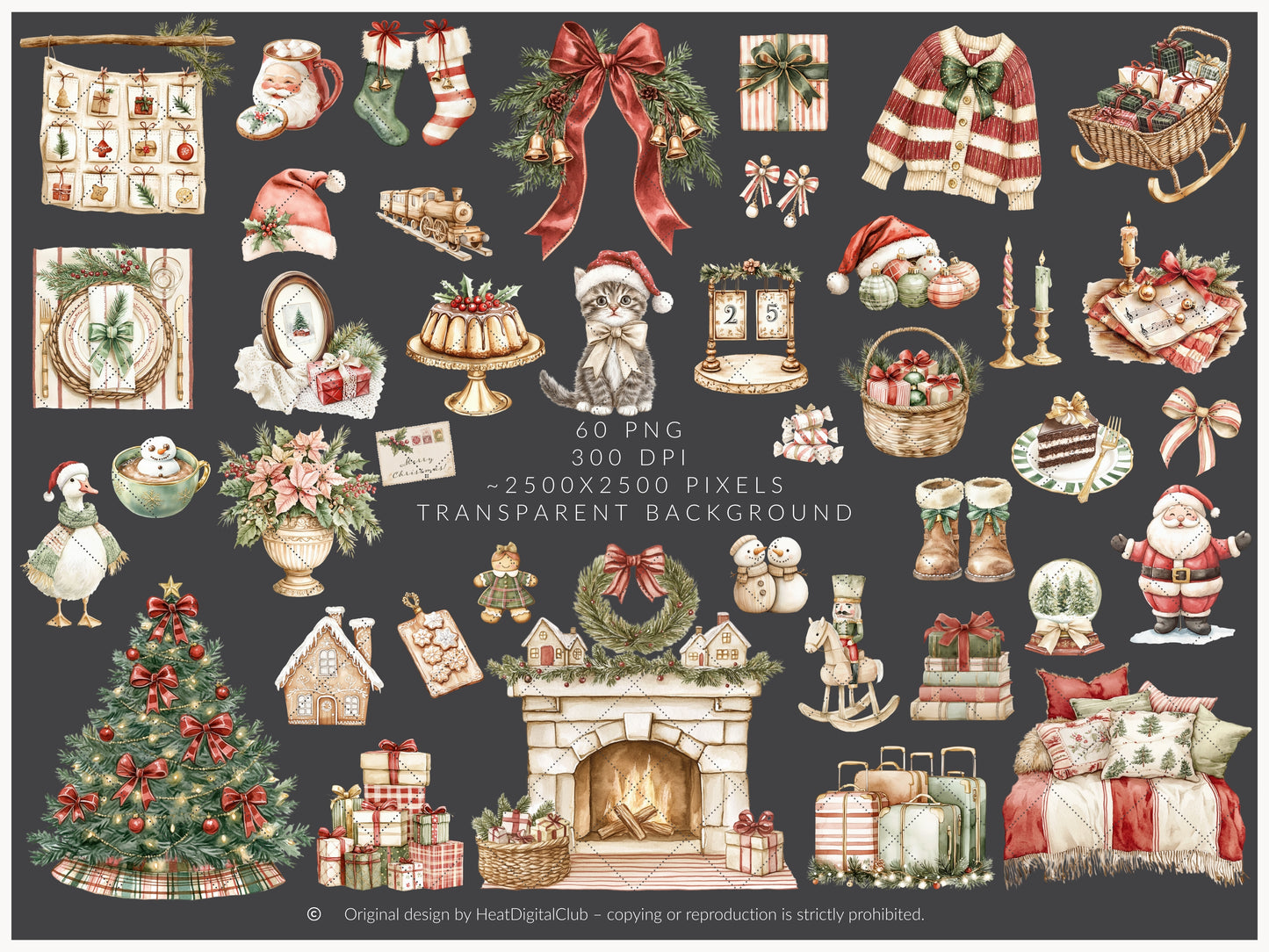 Warm Holidays - Watercolor Clipart Set, Cozy Winter, Christmas, Cottagecore | 60 PNG