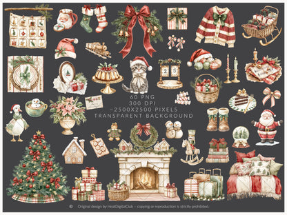 Warm Holidays - Watercolor Clipart Set, Cozy Winter, Christmas, Cottagecore | 60 PNG