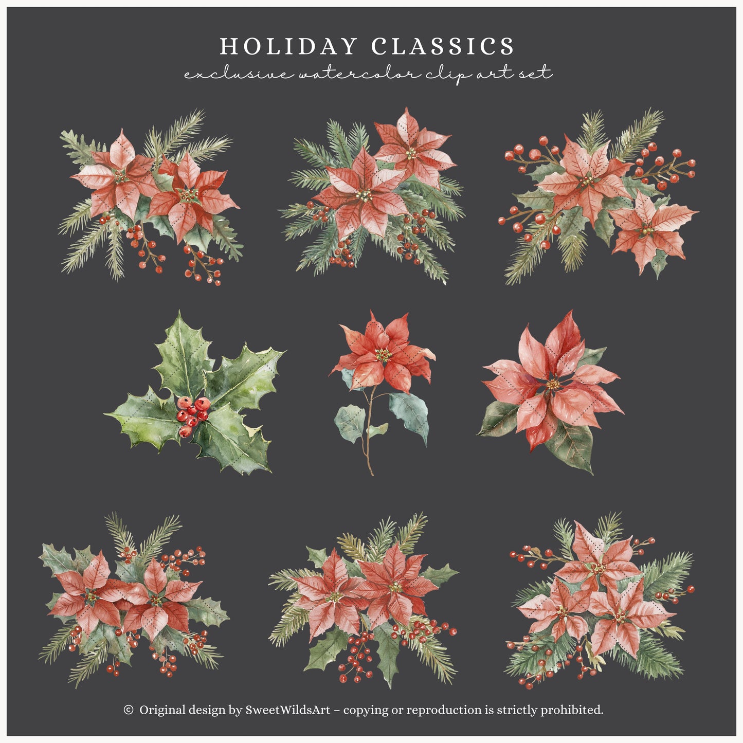 Holiday Classics - Floral Arrangements Clipart, Poinsettia, Evergreen, Christmas | 25 PNG