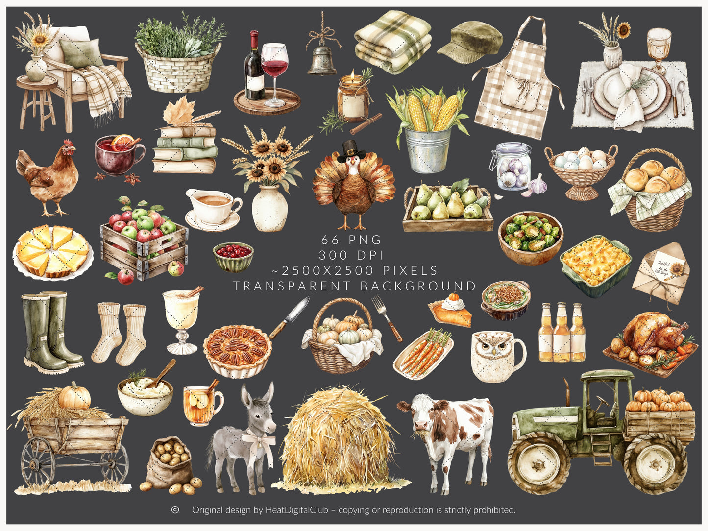 Grateful Feast - Thanksgiving Day Clipart, Autumn Harvest Farm, Fall, Cozy Holiday | 66 PNG