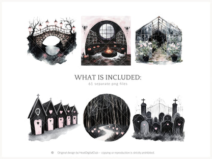Pretty Haunting - Clipart, Black & Pink Halloween, Cozy Spooky Haunted House| 61 PNG