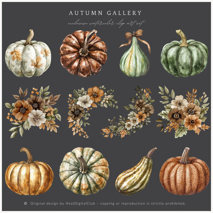 Autumn Gallery - Floral Arrangements Clipart, Fall, Green Beige, Pumpkins | 25 PNG