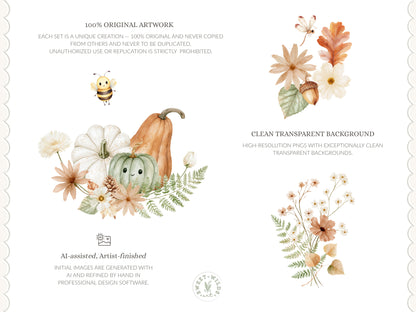 Fall Classics - Floral Arrangements, Autumn Flowers Clipart, Woodland Botanicals, Pumpkins, Leaves, Ferns, Rustic | 40 PNG