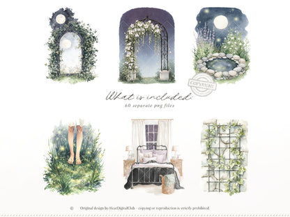 Firefly Garden - Clipart, Night Summer Garden, Moonlight, Cottagecore, Mystical Garden | 60 PNG