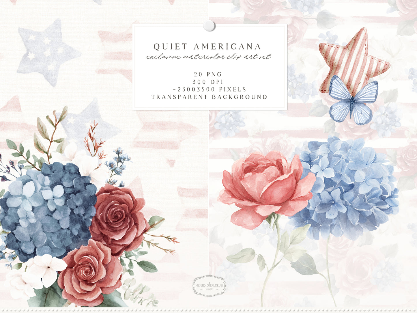 Quiet Americana - Floral Arrangements Clipart, Hydrangea Roses, Patriotic Flowers, Bouquets, 4th of July | 20 PNG
