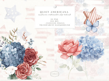 Quiet Americana - Floral Arrangements Clipart, Hydrangea Roses, Patriotic Flowers, Bouquets, 4th of July | 20 PNG
