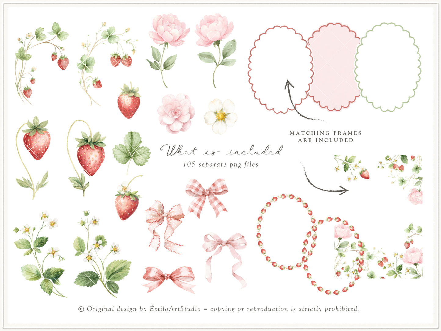 Strawberry Atelier - Bundle Clipart, Cottagecore Nursery, Baby Girl Birthday, Heirloom Toys, Spring | 119 PNG/JPEG