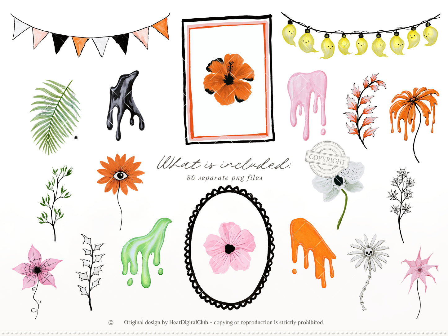 Summerween - Clipart Bundle, Halloween Summer, Spooky Beach Party, Pink Orange Black, Seamless Patterns | 96 PNG/JPEG