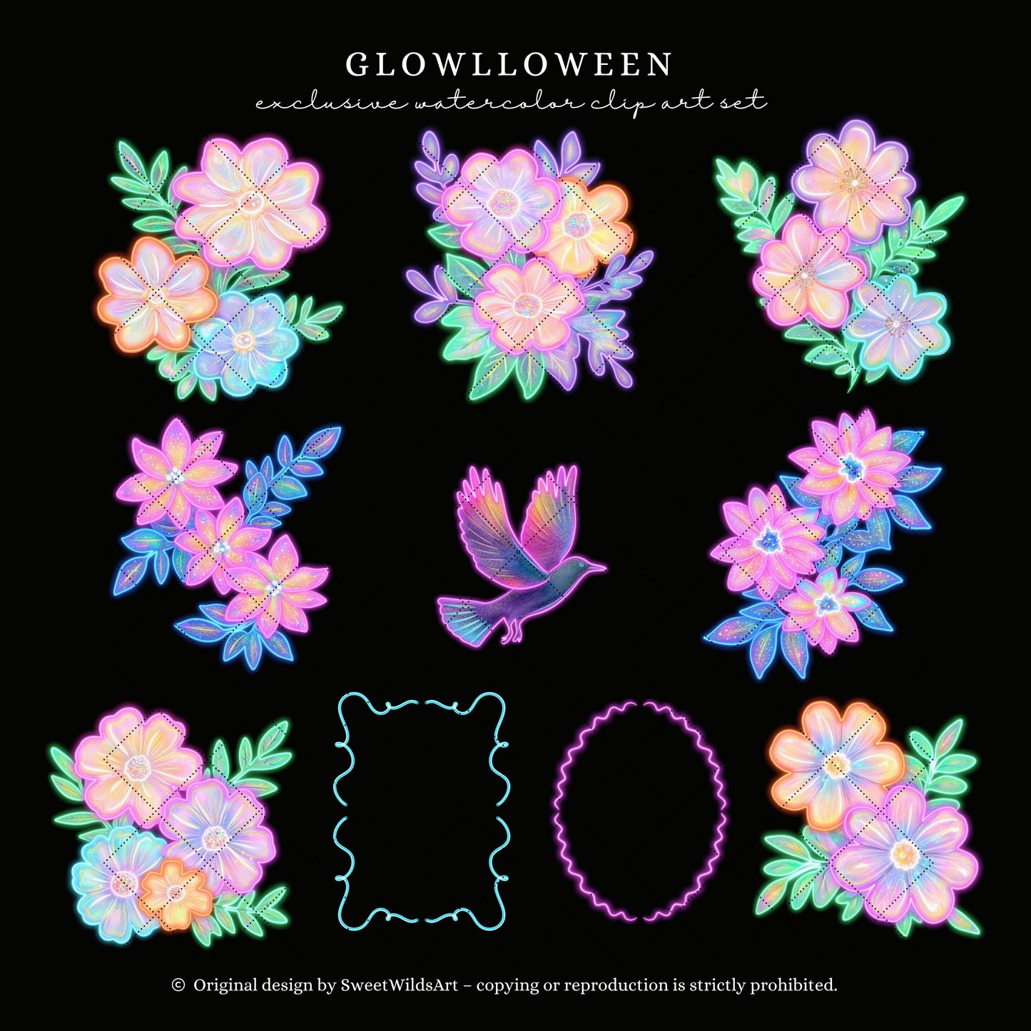 Glowlloween - Neon Halloween Floral Arrangements, Glowing Pumpkin, Flowers | 22 PNG