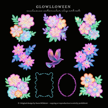 Glowlloween - Neon Halloween Floral Arrangements, Glowing Pumpkin, Flowers | 22 PNG