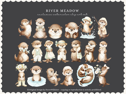 River Meadow - Otter Clipart, Cute River Animals, Baby Otter, Woodland Nursery, Spring Summer | 60 PNG