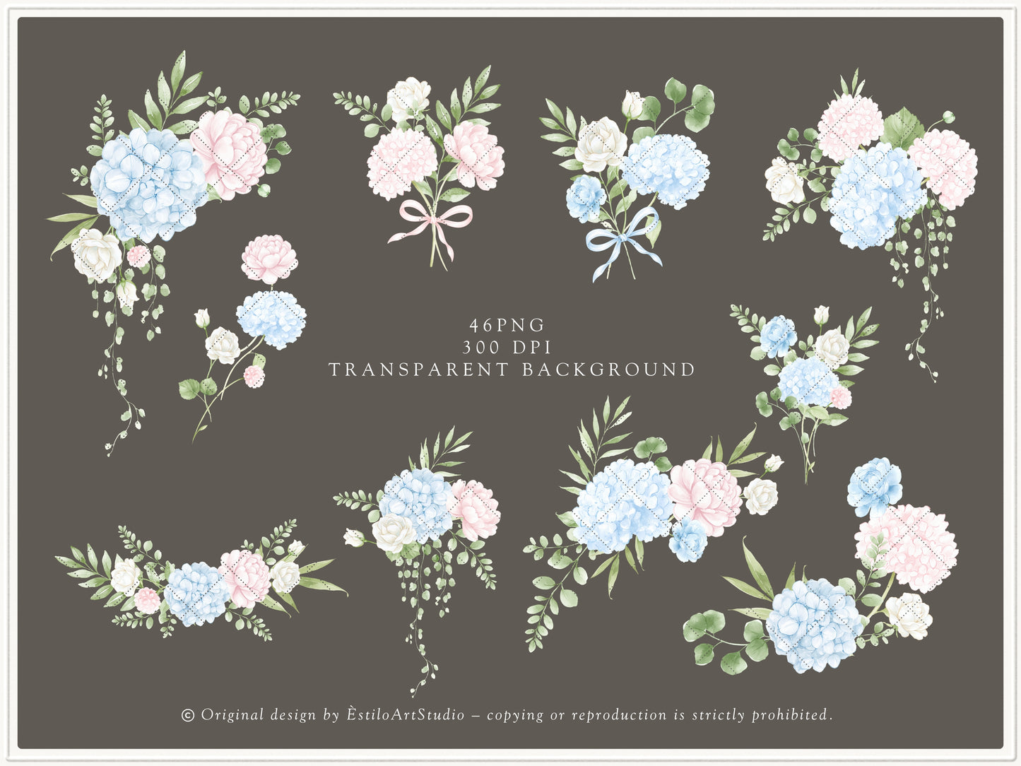 Grand Atelier - Floral Arrangements Clipart, Blue Hydrangea, Pink Peony Flowers, Baby Shower | 46 PNG
