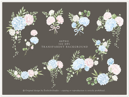 Grand Atelier - Floral Arrangements Clipart, Blue Hydrangea, Pink Peony Flowers, Baby Shower | 46 PNG