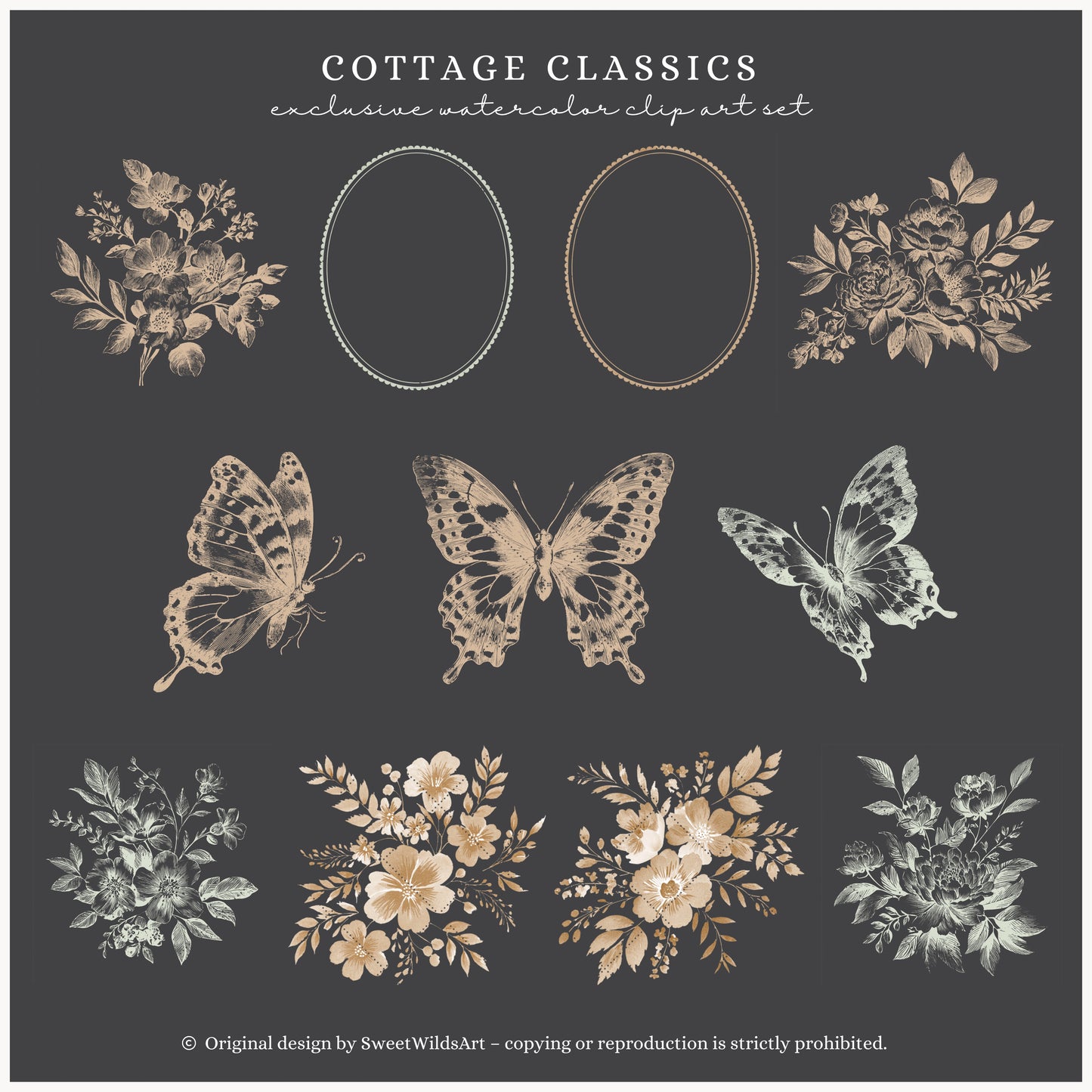 Cottage Classics - Floral Arrangements Clipart, Hydrangea Floral, Toile, Rustic Countryside | 22 PNG