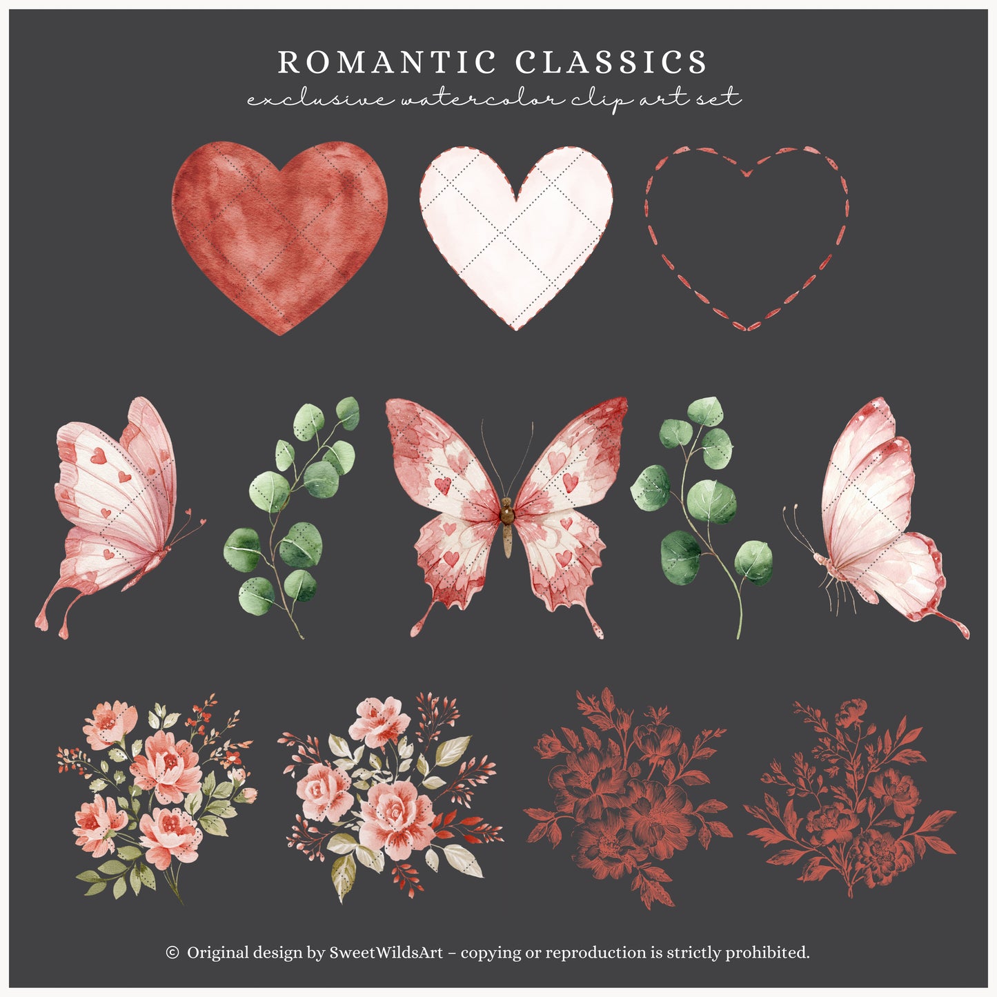 Romantic Classics - Floral Arrangements Clipart, Rose Bouquets, Valentine's Day, Hearts | 24 JPEG