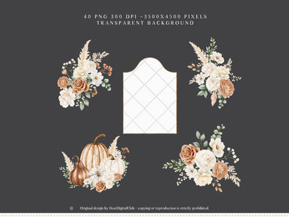 Bohemian Fall -Floral Arrangements Clipart, Autumn Botanical Elements, Cream Rose, Boho Fall Frames | 40 PNG