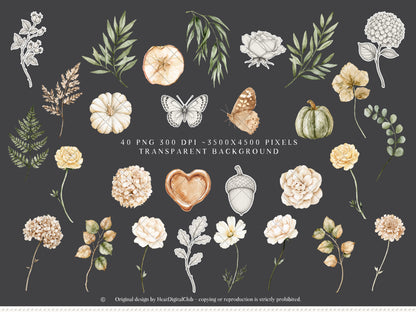 Beloved Fall - Autumn Floral Arrangements Clipart, Pumpkin Flowers, Neutral Fall Flowers, Botanical |