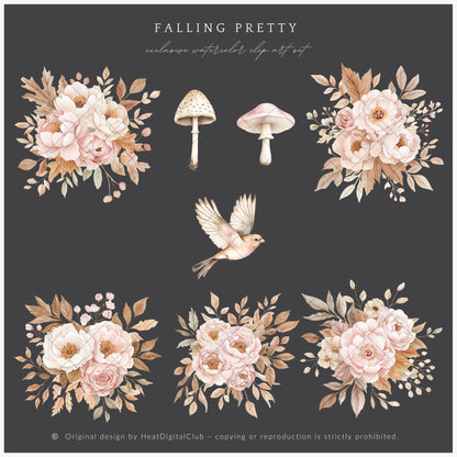 Falling Pretty - Floral Arrangements Clipart, Flowers, Autumn Leaves | 25 PNG