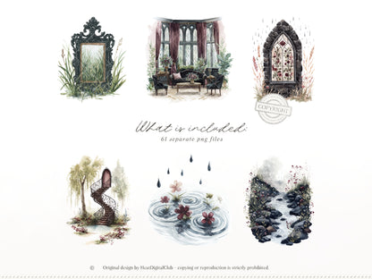 Haunted Spring - Gothic Spring Clipart, Dark Floral Clipart, Moody Spring, Cottagecore | 61 PNG