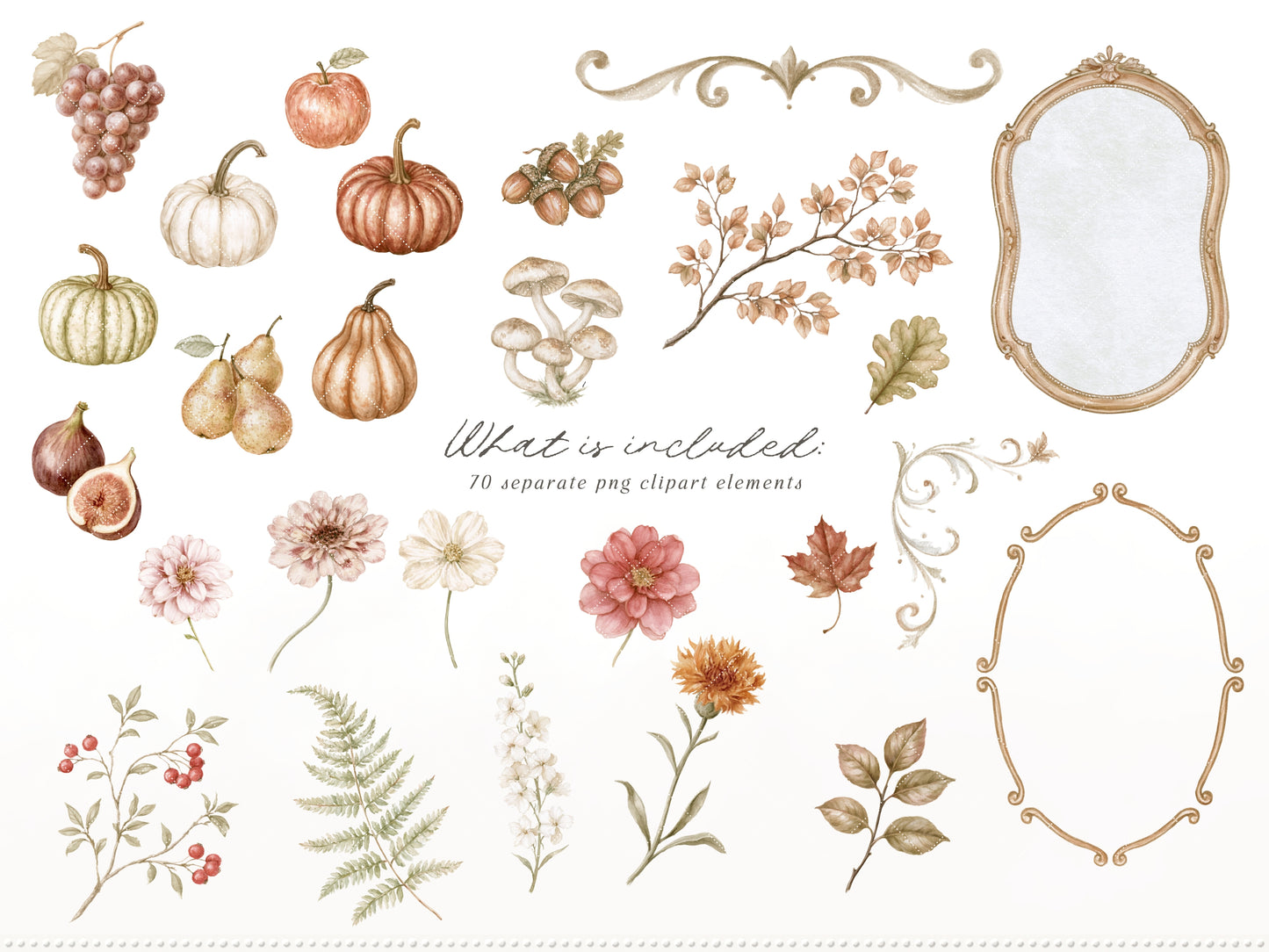 Autumn Menagerie - Watercolor Fall Clipart and Seamless Patterns Bundle, Rustic Garden Graphics | 90 PNG/JPEG