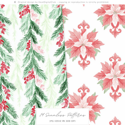 Merry Christmas - Seamless Patterns Set 1, Grandmillennial Holiday, Stripes, Plaid | 14 JPEG