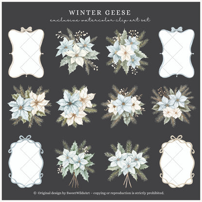 Winter Geese - Winter Floral Arrangements, Poinsettia, Fir Branches, Christmas Ornaments | 30 PNG