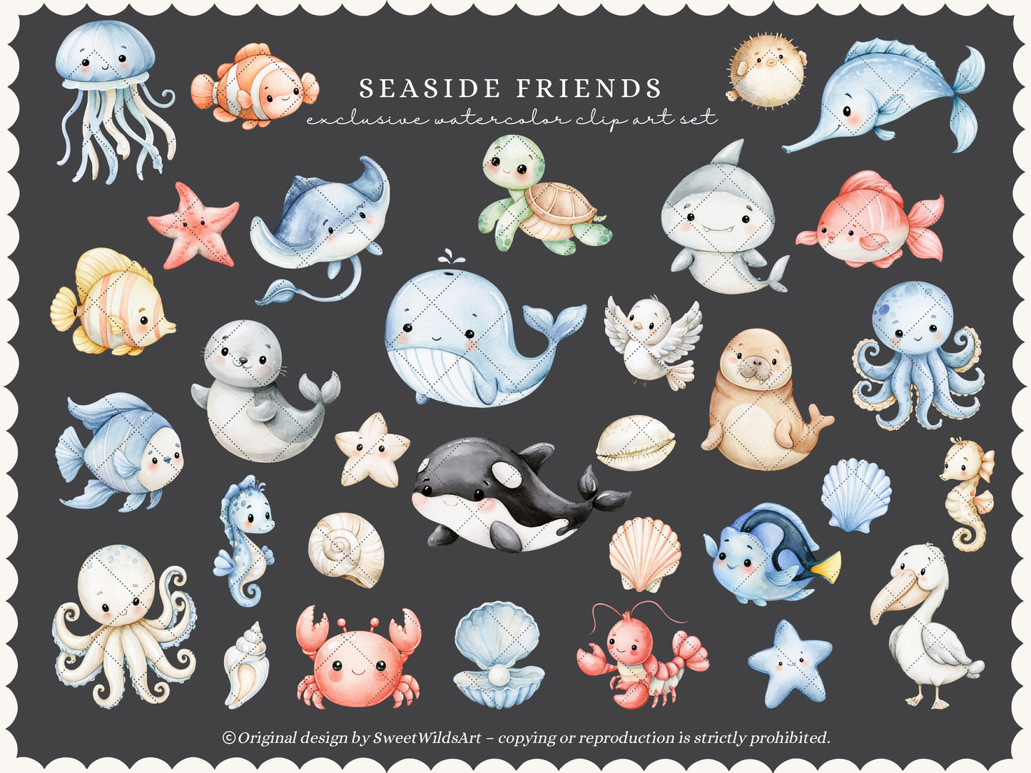 Seaside Friends - Watercolor Sea Animals Clipart, Underwater Animals, Nursery, Cute Baby Animals, Baby Shower  | 71 PNG/JPEG