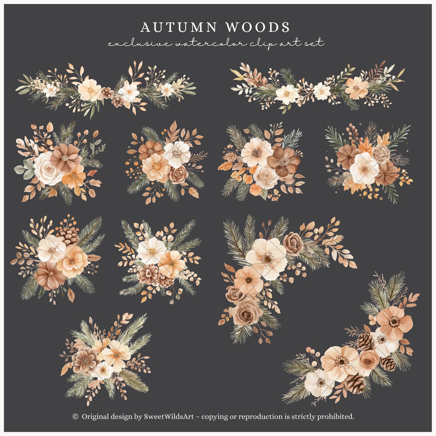 Autumn Woods - Floral Arrangements, Fall Bouquets Clipart, Pumpkins | 25 PNG